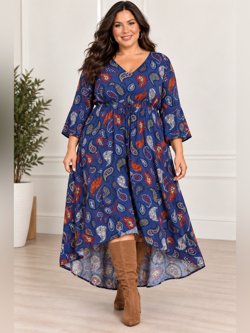 Lane Bryant Paisley Maxi Dress 18/20 Blue Boho High Low 3/4 Sleeve Plus Size